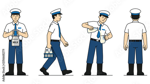 Foto Milkman character set showing delivery person in blue uniform carrying bottles and pouring