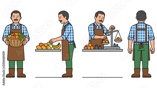 Tableau sur toile Farmer character collection with greengrocer man weighing fruit and holding harvest basket