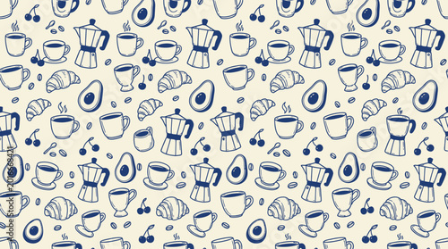 Seamless hand drawn breakfast pattern with coffee moka pots croissants avocados and cherries line art illustration for cafe branding and decor