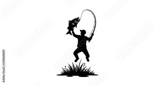 Schilderij op canvas Fisherman silhouette catches a large game fish while jumping with excitement in a grassy field