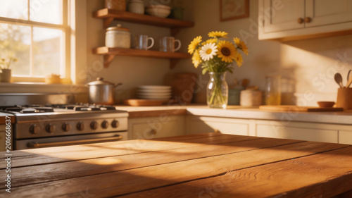 Sunlit kitchen with wooden table and sunflowers perfect for diet plans and nutritional guides
