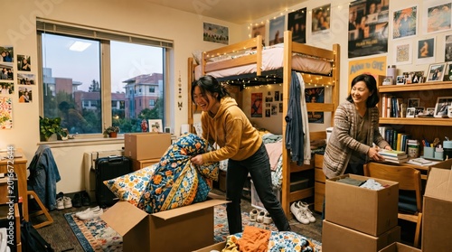 College roommates unpacking boxes in decorated dorm room