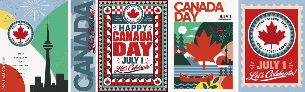 Fototapeta premium Happy Canada Day. July 1st. Vector abstract modern geometric illustration with maple leaf, fireworks, landscape, skyline, canoe, and patriotic typography for a postage stamp, poster, greeting card