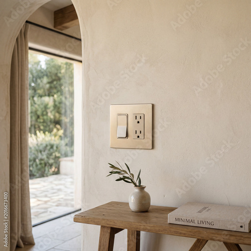 Modern Electrical Box on Ivory Limewash Wall with Champagne Faceplate for Luxury Interior Inspiration