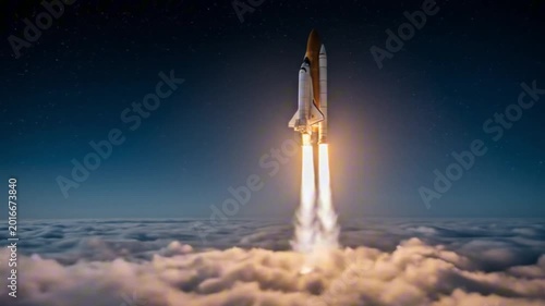 A rocket soaring upward breaking through a thick cloud cover into a starry night sky