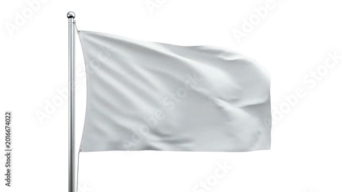 A clean white flag waving on a metal pole against a plain white background