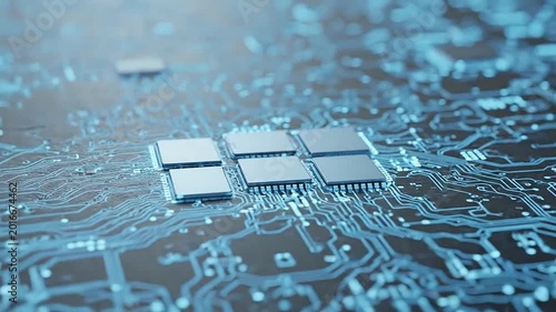 A detailed view of a complex electronic circuit board with glowing blue pathways