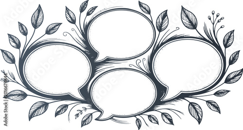 Hand drawn speech bubbles with floral leaves and branches sketch