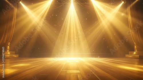 A bright golden stage illuminated by multiple spotlights and elegant curtains