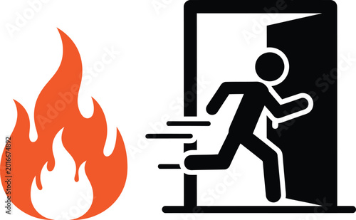 Emergency fire escape exit sign with person running from flames