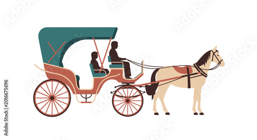 Tableau sur toile Vintage horse-drawn carriage with driver and passenger illustration