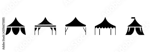 Fotografie Set of black tent icons, event shelter signs, silhouettes featuring gazebos, and