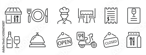Simple line icon set for restaurants. Chef, food delivery, menu, waiter, editable line icons. Vector illustration.