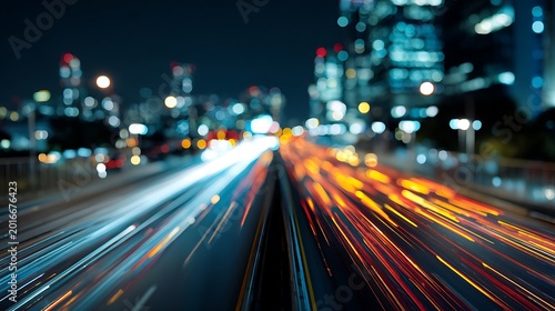 Dynamic city light trails streaking across a busy highway at night