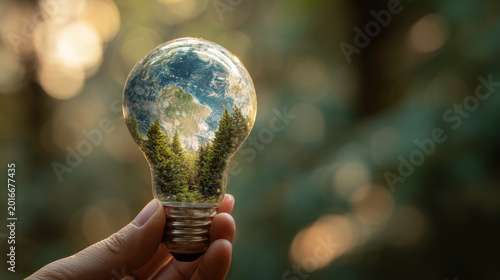 Hand holding light bulb containing vibrant scene of trees and clear sky, symbolizing connection between nature and energy. This evokes sense of environmental awareness and sustainability