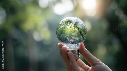 Hand holds light bulb containing miniature forest scene, symbolizing connection between nature and sustainability. soft sunlight filters through trees, creating serene atmosphere