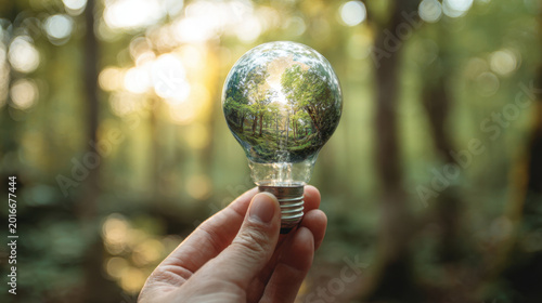 Hand holding light bulb containing vibrant forest scene inside, symbolizing connection between nature and innovation. warm sunlight filters through trees, creating serene atmosphere