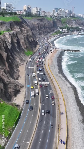 Lima Skyline In Miraflores In Lima Peru. Highrise Buildings. Green Coast Seascape. Travel Destination. Lima Skyline In Miraflores In Lima Peru. Leisure Park Landscape. Green Coast Cliffs Road.