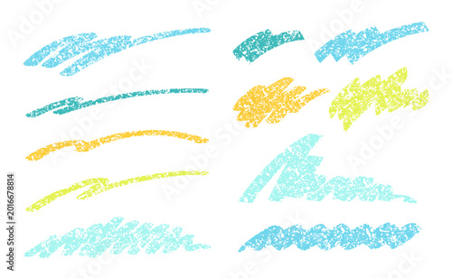 パステルや淡い色のクレヨンで描いたような手書きの線、文字装飾用の下線（夏向きの配色）