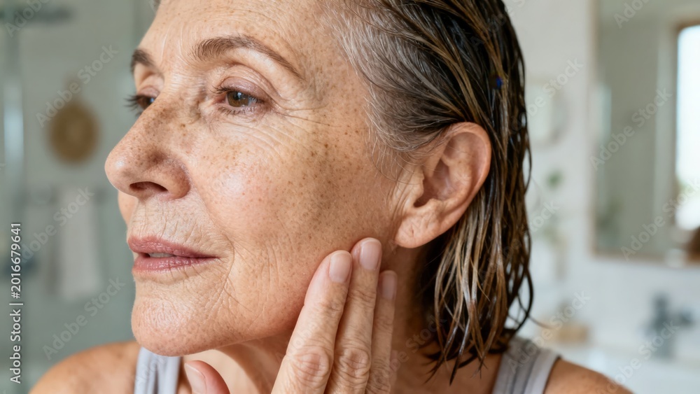 Fototapeta premium Beautiful mature 50s woman with healthy skin care and radiant face for wellness and beauty spa