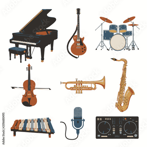 Tableau sur toile Collection of musical instruments including piano, guitar, drums, violin, trumpet, saxophone, xylophone, microphone, and DJ controller
