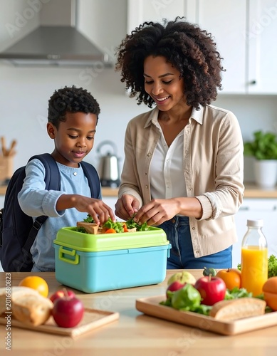A mother and son preparing a healthy school lunch in a kitchen