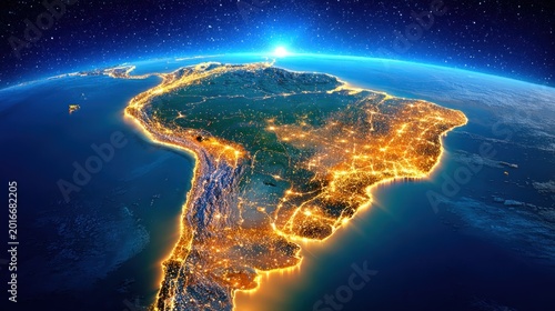 Satellite view of south america at night revealing urban light patterns