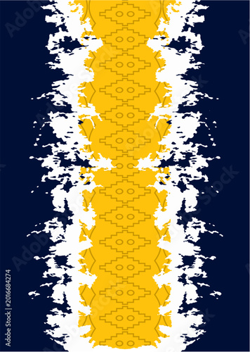 Abstract Geometric Aztec Tribal Pattern With Yellow Center And White Paint Splash Borders On Navy