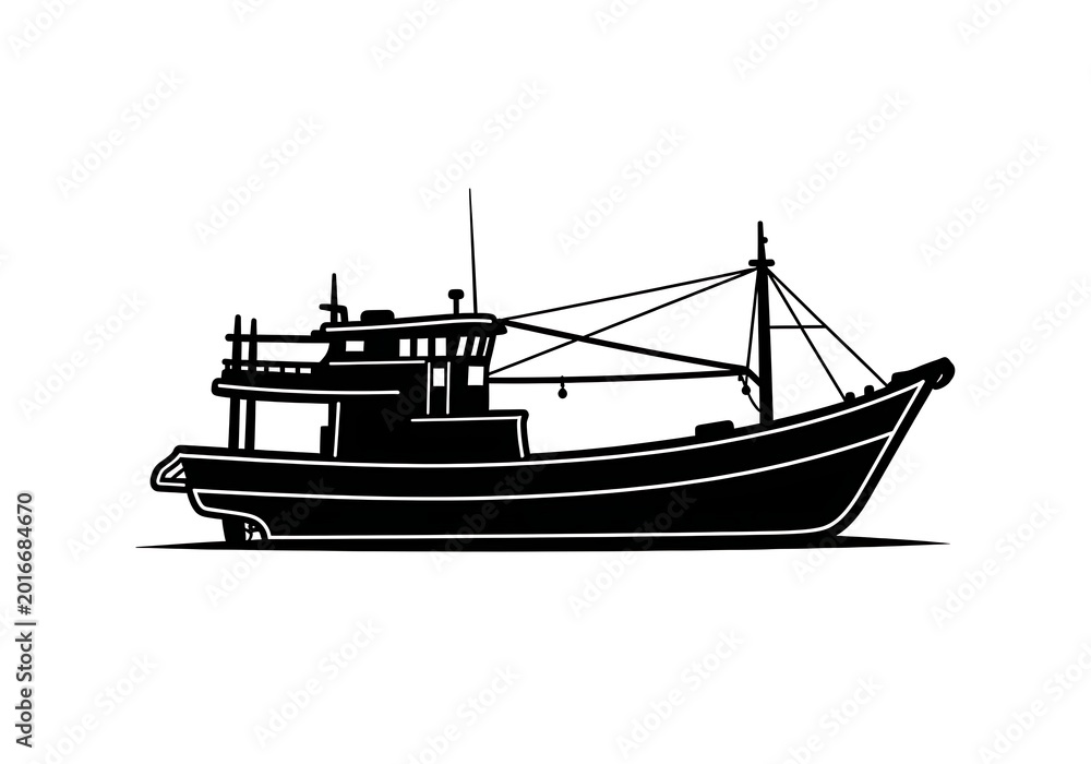 Obraz premium Silhouette of a fishing boat isolated on white background vector illustration