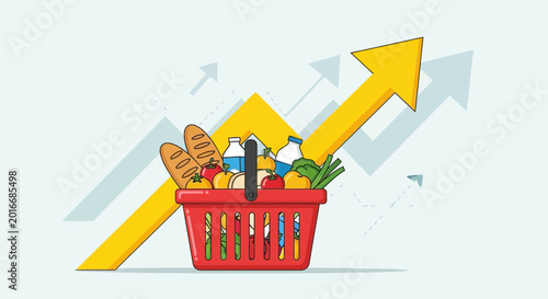 Grocery Basket with Upward Trend Arrow, Rising Food Prices, Inflation Concept