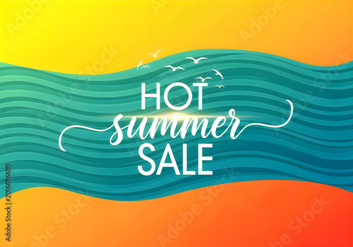 Hot summer sale announcement with stylized waves and flying birds