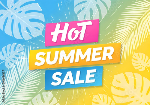 Hot Summer Sale announcement with tropical leaves
