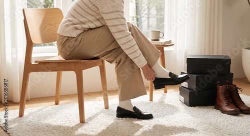 Minimalist Fall Fashion Woman Wearing Black Leather Loafers Indoors