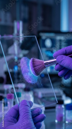 Forensic scientist analyzing fingerprints with ultraviolet light in a dark lab