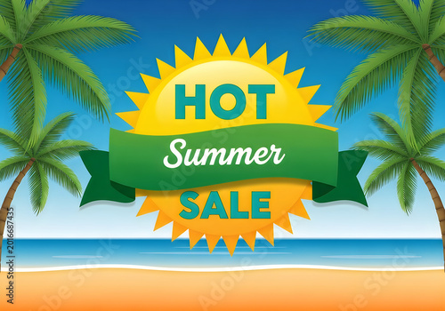 Hot Summer Sale banner with sun and palm trees on beach