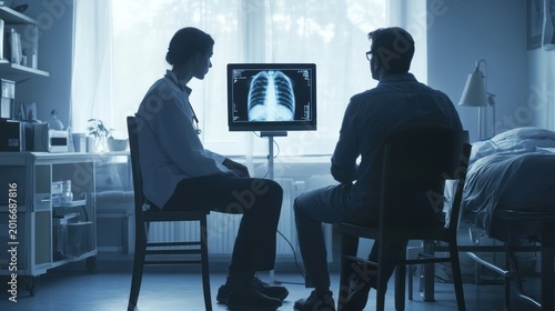 Doctor analyzing x-ray with patient, revealing medical expertise and care within clinic setting