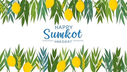 A festive Sukkot greeting card with green leaves and yellow fruits