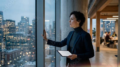 asian businesswoman looking out office window with cityscape