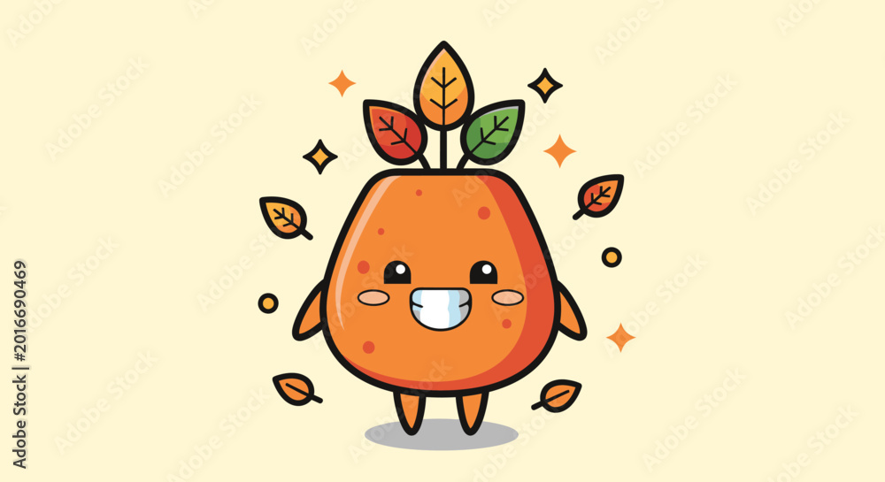 Fototapeta premium Cheerful orange cartoon leafed character with smile.
