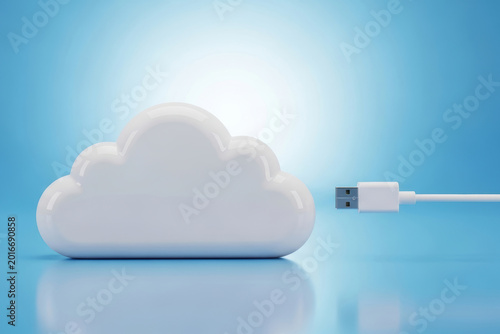 3D white cloud shape with USB cable on blue background, cloud computing and data storage concept