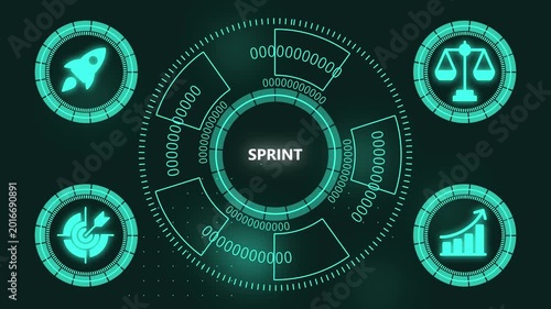 Agile sprint business concept hud interface with neon and data analytics