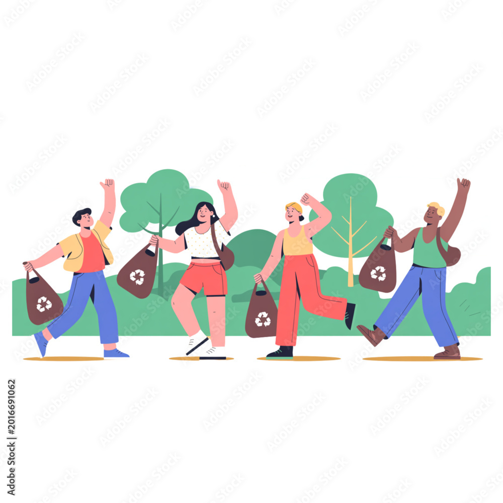 Fototapeta premium Diverse group of people holding recycling bags for environmental cleanup and community sustainability project vector