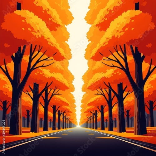 A bold graphic illustration of a symmetrical autumn avenue with towering orange trees rendered in a striking industrial propaganda style, clean, landscape, road