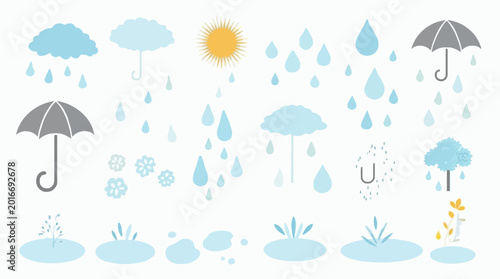 A cheerful collection of weather icons featuring rain, sun, clouds, umbrellas, and puddles.