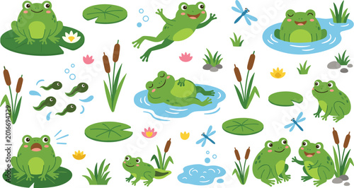 Cute Frog Character Vector Set featuring Tadpoles Lily Pads Dragonflies and Various Pond Elements in Kawaii Cartoon Style for Kids Books Stickers and Nature Designs