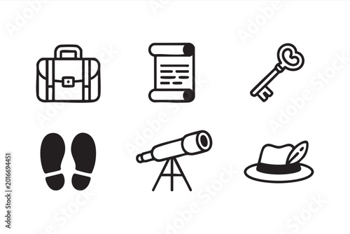 Quadro em tela Black Outline Exploration Icon Collection With Key Telescope And Footprint Symbo