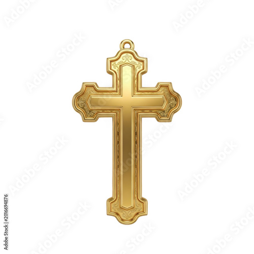Golden ornate cross pendant isolated on transparent background.