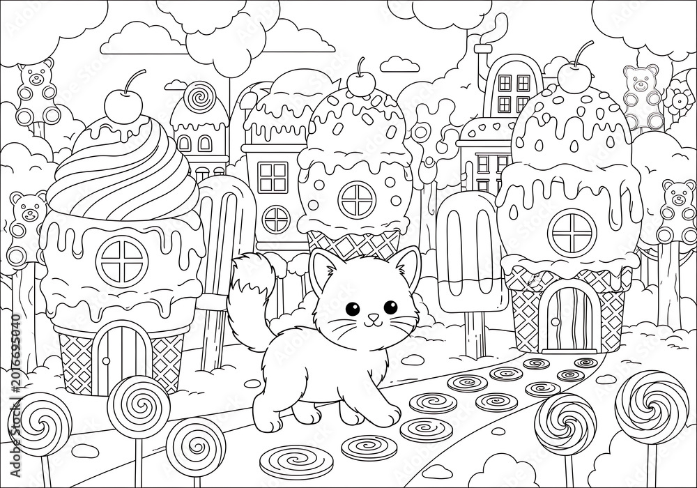 Fototapeta premium Cute kitten in candy land coloring page for kids