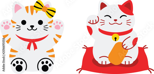 Cute Japanese Maneki-neko Lucky Cat Vector Illustration featuring Two Characters with Beckoning Paws Gold Coin and Bow for Prosperity and Good Fortune Designs