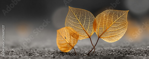 Duo of golden skeleton leaves intertwined in minimal scene on gray blurred bokeh 32k ultra HD